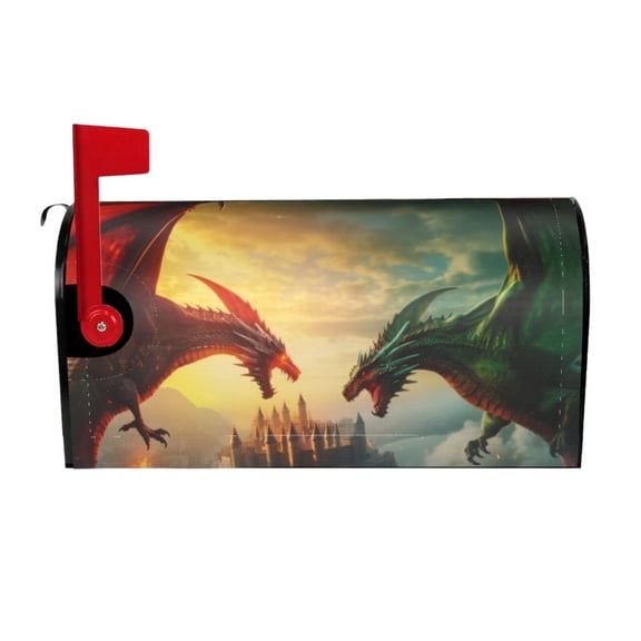 Logiee Castle Red Green Sky Dragon Print Post Letter Box Wrap Decor, Mailbox Cover Suitable for Standard Mailbox and Large Size Mailbox,Outdoor Yard Decoration-25.5x21 in