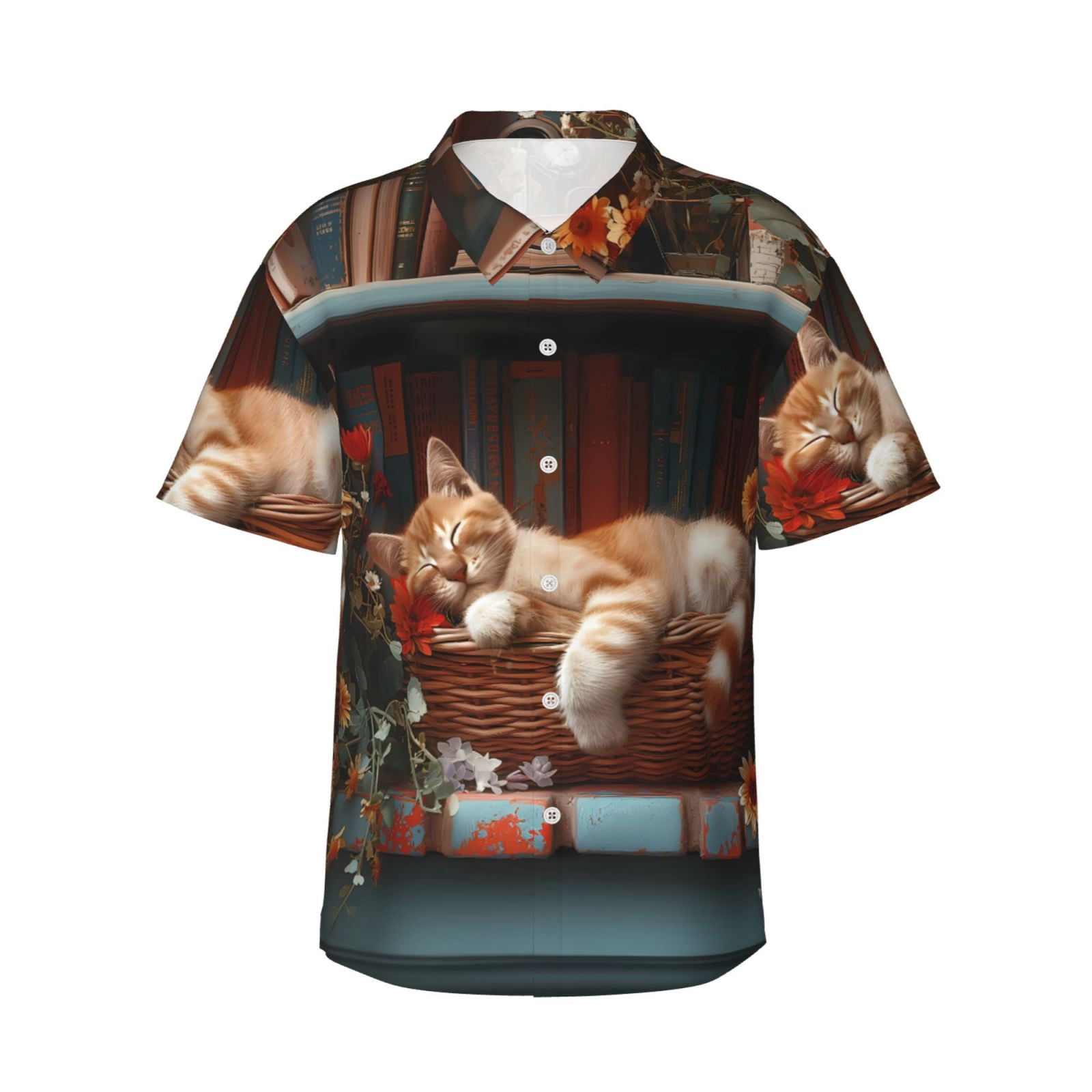 Logiee Cat Asleep Among Flowers Print Mens Hawaiian Shirts,Loose-Fit Short Sleeve Button Down Tropical Aloha Beach Shirt,Summer Vacation Wedding Tops,Small