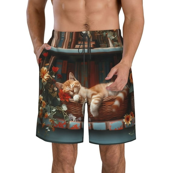 Logiee Cat Asleep Among Flowers Print Mens Swim Trunks Quick Dry Board Shorts,Breathable Hawaii Beach Shorts Swimwear Bathing Suits-Large