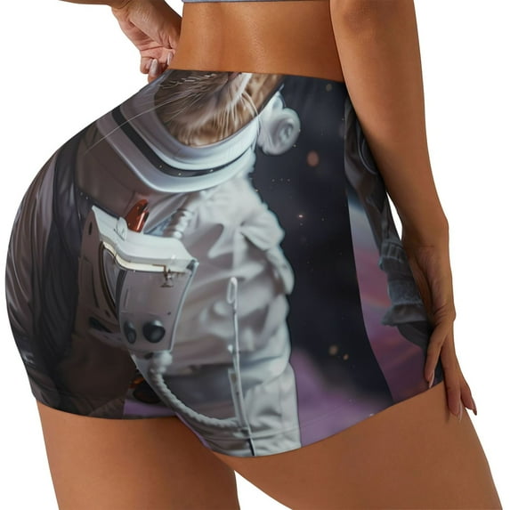 Logiee Cat Astronaut In Space Print Women's Biker Shorts,Workout Gym Shorts,Scrunch Shorts,Tummy Control Hidden Scrunch Running Yoga Shorts-X-Large