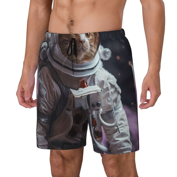Logiee Cat Astronaut In Space Print Men's Swim Trunk,Quick Dry Board Shorts ,Men's Swim Trunks with Compression Liner, Bathing Suits with Pockets-Large