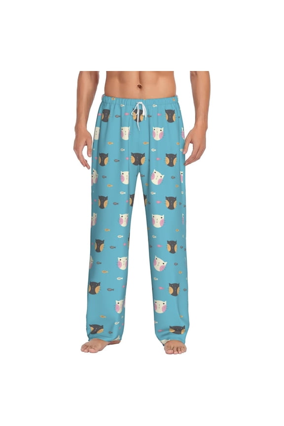 Cat Fish Print Pajama Pants for Men,Men’s Pajama Bottoms,Mens PJ Pants with Pockets & Button Fly-Medium