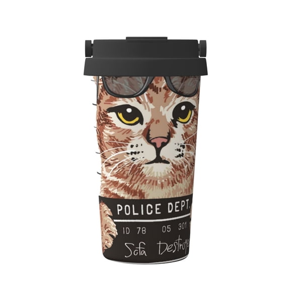 Logiee Cat Holding Mugshot Sign Print Stainless Steel Coffee Tumbler, Travel Coffee Mug, Insulated Coffee Mug with Lid, Spill Proof Coffee Cup, Portable Thermal Mug