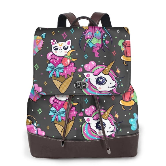Logiee Cat Icecream Print Backpack Purse for Women,Fashion Leather Backpack Purse,Women's Leather Backpack for Work College Travel