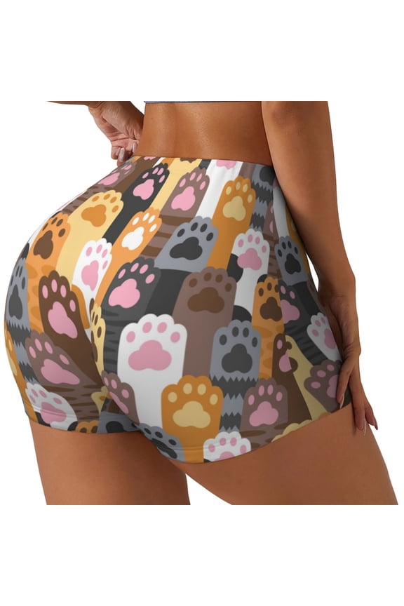 Cat Paw (2) Print Women's Biker Shorts,Workout Gym Shorts,Scrunch Shorts,Tummy Control Hidden Scrunch Running Yoga Shorts-Large