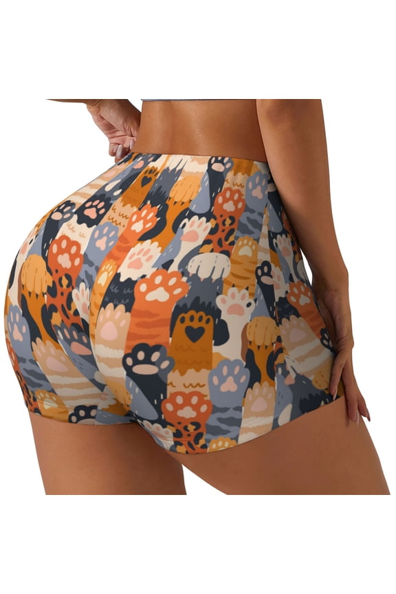 Cat Paws Print Women's Biker Shorts,Workout Gym Shorts,Scrunch Shorts,Tummy Control Hidden Scrunch Running Yoga Shorts-Medium
