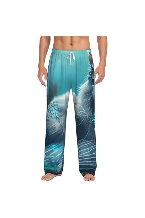 Cat Underwater Fantasy Print Pajama Pants for Men,Men’s Pajama Bottoms,Mens PJ Pants with Pockets & Button Fly-Large