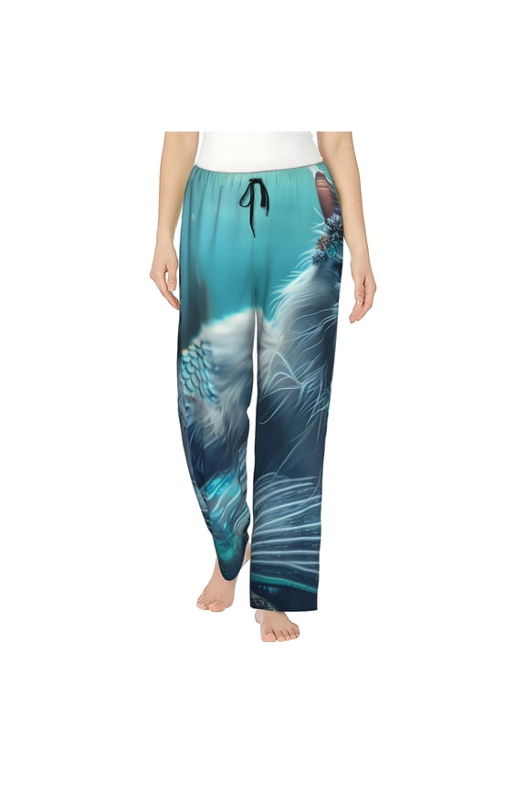 Cat Underwater Fantasy Print Women Pajama Pants,Comfy Pj Bottom with Pockets & Drawstring,Stretch Casual Sleepwear-Medium