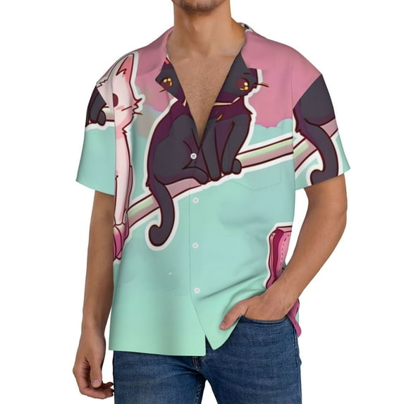 Logiee Cats On Broomstick Print Men's Button Down Shirts Short Sleeve, Summer Beach Shirts,Vacation Wedding Shirts,Men's Casual Button-Down Shirts with Pocket-XX-Large