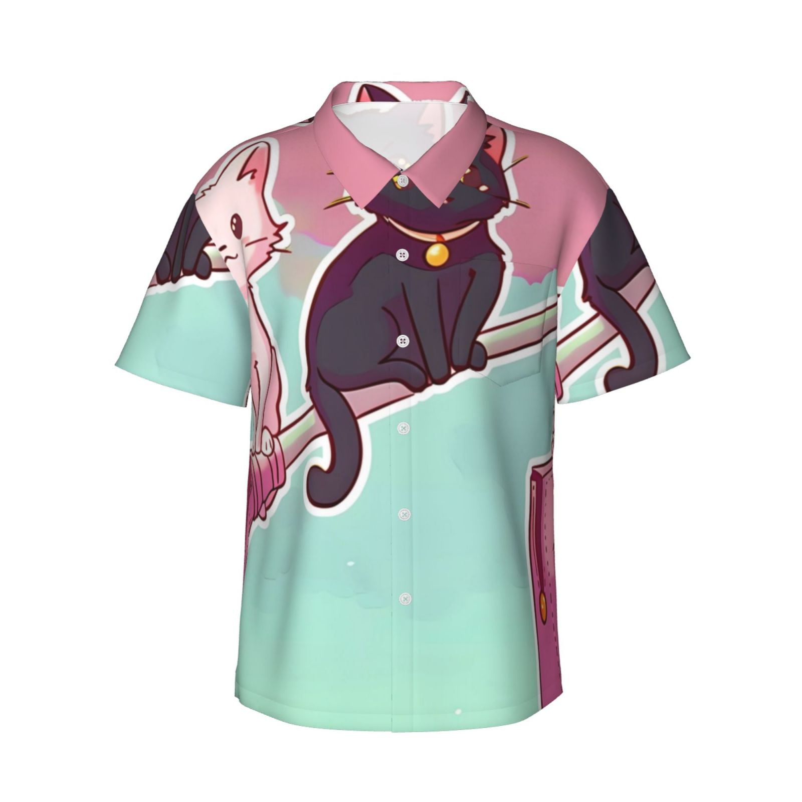 Logiee Cats On Broomstick Print Mens Hawaiian Shirts,Loose-Fit Short Sleeve Button Down Tropical Aloha Beach Shirt,Summer Vacation Wedding Tops,Large