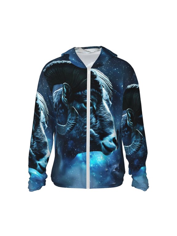 Celestial Ram Night Sky Print Men's Women Light Jacket Full Zip Sun Protection Hoodie Long Sleeve Sun Shirts for Men Hiking Fishing Zip Pockets-3X-Large