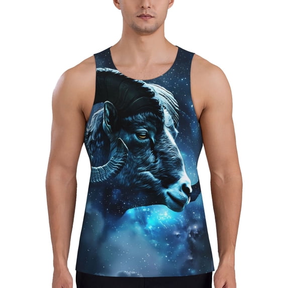 Logiee Celestial Ram Night Sky Print Men's Workout Tank Top,Quick Dry Workout Tank Top,Gym Muscle Tee,Fitness Bodybuilding Sleeveless T Shirt-3X-Large