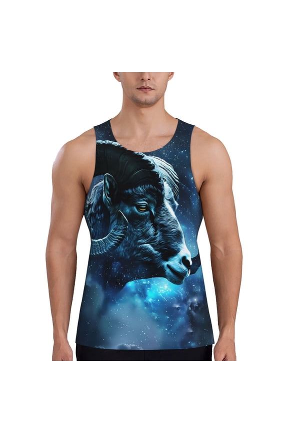 Celestial Ram Night Sky Print Men's Workout Tank Top,Quick Dry Workout Tank Top,Gym Muscle Tee,Fitness Bodybuilding Sleeveless T Shirt-3X-Large