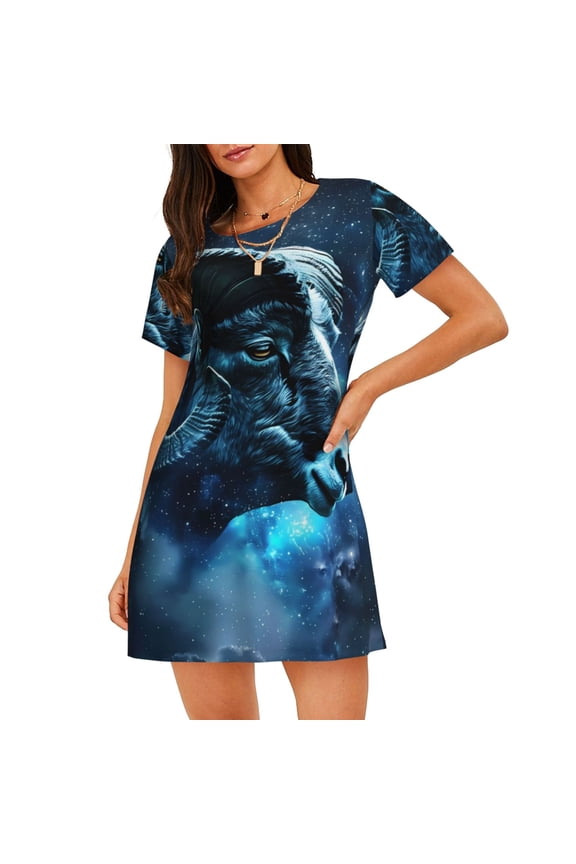Celestial Ram Night Sky Print Nightgowns for Women,Soft Short-Sleeved Lightweight Sleepwear, Loose Sleepshirts