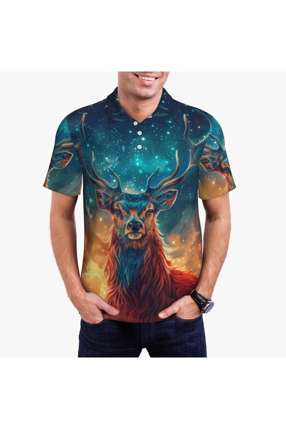 Celestial Stag Cosmic Glow Print Mens Polo Shirts,Mens Golf Polo Shirts,Short Sleeve Casual Polo Shirts for Men,Summer Fashion Beach Shirts-XX-Large