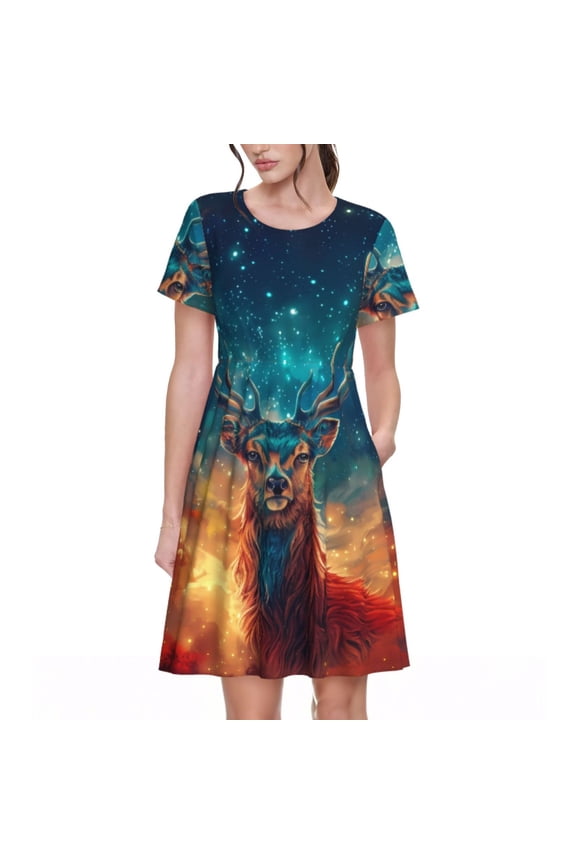 Celestial Stag Cosmic Glow Print Womens Summer Dress,Casual Short Sleeve Sundresses,Beach A-line Shift Dress with Pockets