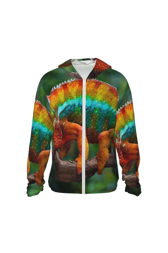 Chameleon Print Men's Women Light Jacket Full Zip Sun Protection Hoodie Long Sleeve Sun Shirts for Men Hiking Fishing Zip Pockets-Medium