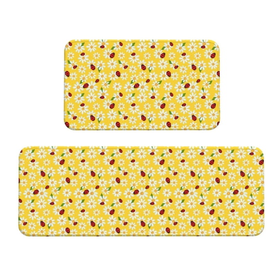 Logiee Chamomile And Ladybug Print Kitchen Mats for Floor Sets of 2,Waterproof Kitchen Rugs,Non Slip Comfort Standing Mat Rug for Home,Runner,Sink,Office,Laundry