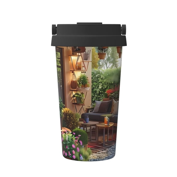 Logiee Charming Garden Patio Print Stainless Steel Coffee Tumbler, Travel Coffee Mug, Insulated Coffee Mug with Lid, Spill Proof Coffee Cup, Portable Thermal Mug
