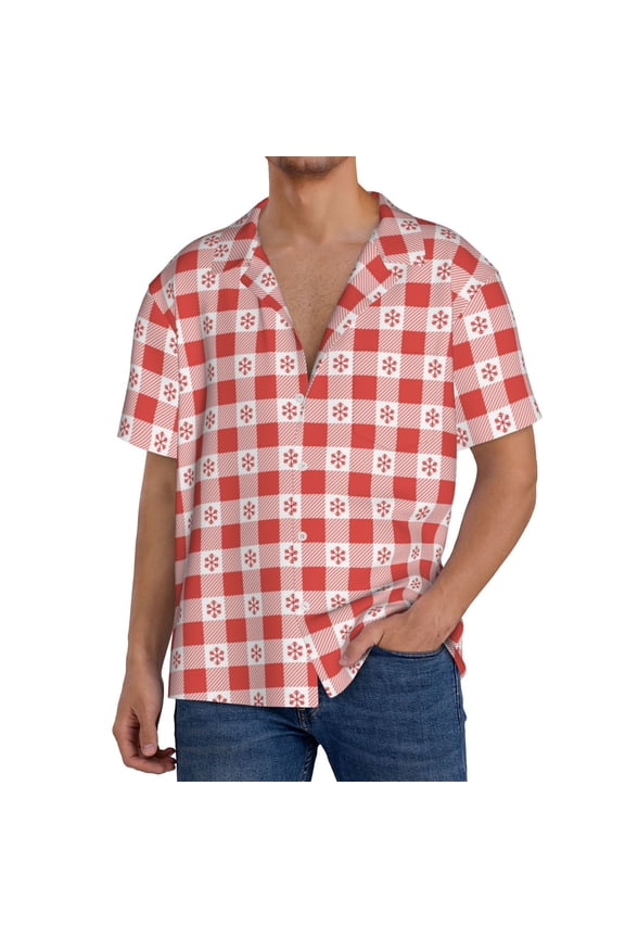 Checkered Christmas With Snowflakes Print Men's Button Down Shirts Short Sleeve, Summer Beach Shirts,Vacation Wedding Shirts,Men's Casual Button-Down Shirts with Pocket-Large