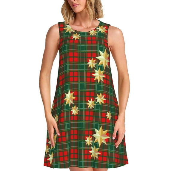 Logiee Checkered With Golden Stars Print Summer Dresses for Women,Beach Sleeveless Flowy Pocket Tshirt Tank Sundresses,Women's Sleeveless Dress