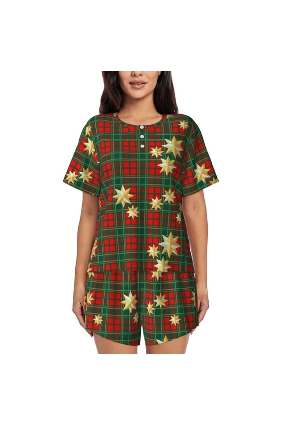 Checkered With Golden Stars Print Womens Pajamas Set,Short-Sleeve Pajama 2 Piece Sleepwear with Pockets-3X-Large