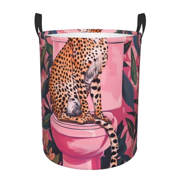 Logiee Cheetah On Toilet Humor Art Print Laundry Hamper,Dirty Clothes Hamper Storage Basket for Bathroom Bedrooms College Dorm, Circular Hamper with Handles,Collapsible Laundry Baskets-Small