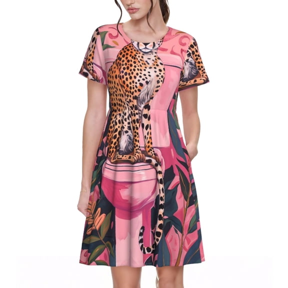 Logiee Cheetah On Toilet Humor Art Print Womens Summer Dress,Casual Short Sleeve Sundresses,Beach A-line Shift Dress with Pockets