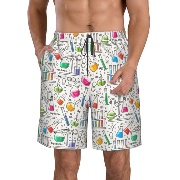 Logiee Chemical Flasks And Test Tubes Print Mens Swim Trunks Quick Dry Board Shorts,Breathable Hawaii Beach Shorts Swimwear Bathing Suits-Medium