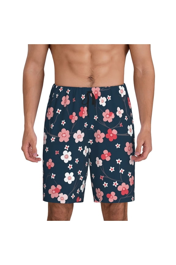 Cherry Blossoms Print Men's Pajama Shorts with Drawstring & Pockets,Sleep Shorts for Men,Sleepwear Bottoms,Elastic Waistband Loungewear-Large
