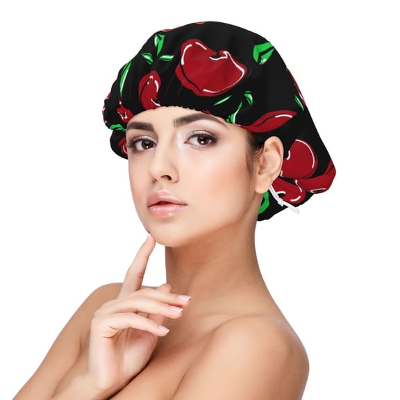 Logiee Cherry Print Silk Bonnet Satin Bonnet for Sleeping Women and Men,Double Layer Hair Bonnet for Curly Braids Hair