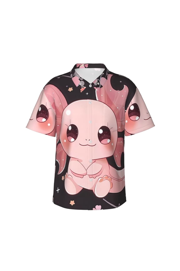 Chibi Axolotl Sakura Fantasy Print Mens Hawaiian Shirts,Loose-Fit Short Sleeve Button Down Tropical Aloha Beach Shirt,Summer Vacation Wedding Tops,Small