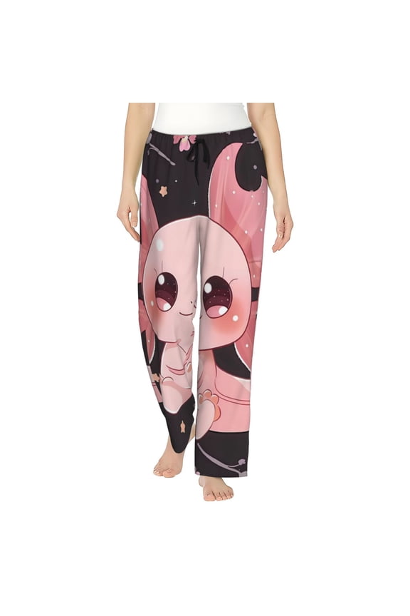 Chibi Axolotl Sakura Fantasy Print Women Pajama Pants,Comfy Pj Bottom with Pockets & Drawstring,Stretch Casual Sleepwear-Small