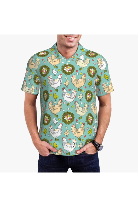 Chicken Laying Eggs Print Mens Polo Shirts,Mens Golf Polo Shirts,Short Sleeve Casual Polo Shirts for Men,Summer Fashion Beach Shirts-Small