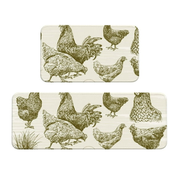 Logiee Chickens Print Kitchen Mats for Floor Sets of 2,Waterproof Kitchen Rugs,Non Slip Comfort Standing Mat Rug for Home,Runner,Sink,Office,Laundry