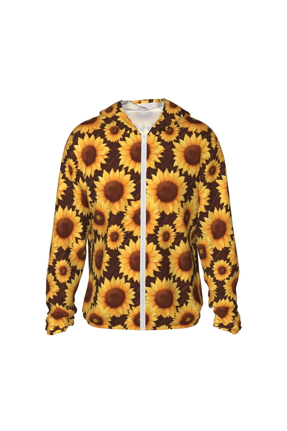 Chocolate Plaid Sunflower Print Men's Women Light Jacket Full Zip Sun Protection Hoodie Long Sleeve Sun Shirts for Men Hiking Fishing Zip Pockets-Large