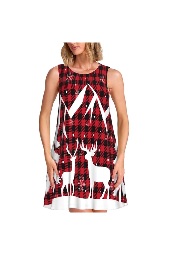 Christmas Buffalo Plaid Print Summer Dresses for Women,Beach Sleeveless Flowy Pocket Tshirt Tank Sundresses,Women's Sleeveless Dress