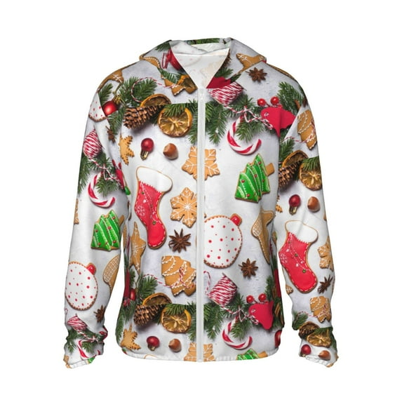Logiee Christmas Gingerbread Cookies Print Men's Women Light Jacket Full Zip Sun Protection Hoodie Long Sleeve Sun Shirts for Men Hiking Fishing Zip Pockets-XX-Large