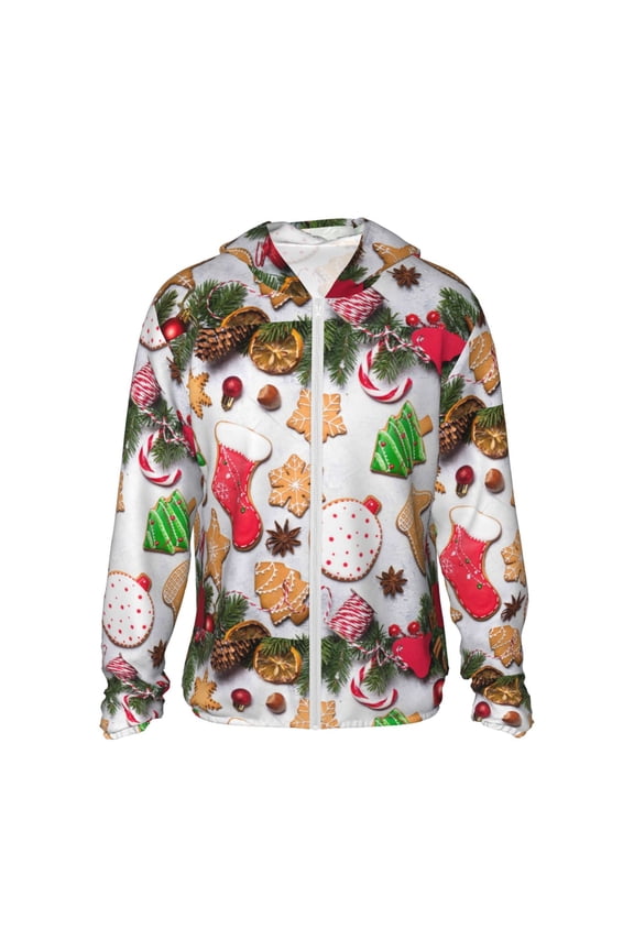 Christmas Gingerbread Cookies Print Men's Women Light Jacket Full Zip Sun Protection Hoodie Long Sleeve Sun Shirts for Men Hiking Fishing Zip Pockets-XX-Large