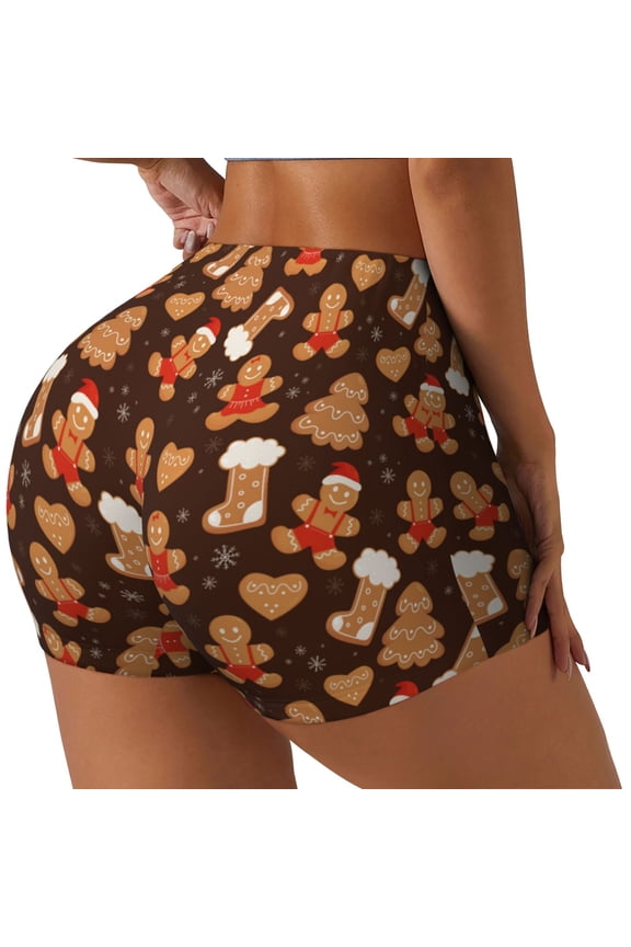 Christmas Gingerbread Cookies Print Women's Biker Shorts,Workout Gym Shorts,Scrunch Shorts,Tummy Control Hidden Scrunch Running Yoga Shorts-
