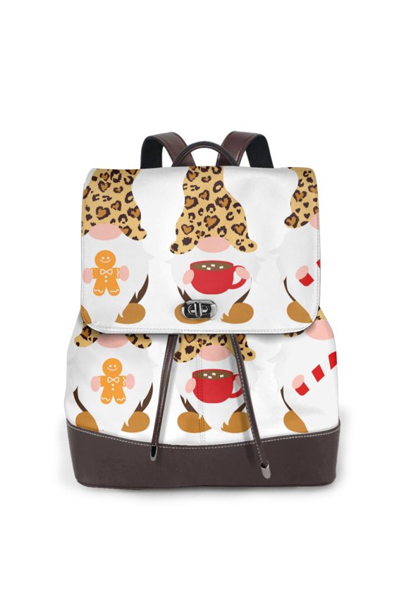 Logiee Christmas Gnomes In Leopard Print Backpack Purse for Women,Fashion Leather Backpack Purse,Women's Leather Backpack for Work College Travel