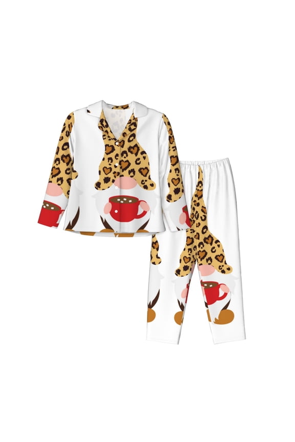 Christmas Gnomes In Leopard Print Womens Pajamas Set,Long Sleeve Sleepwear,Button Down Lounge Set 2 Pieces,Soft Nightwear Pjs Set-