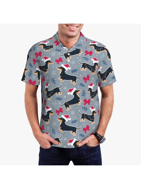 Christmas Hat Dachshund Print Mens Polo Shirts,Mens Golf Polo Shirts,Short Sleeve Casual Polo Shirts for Men,Summer Fashion Beach Shirts-XX-Large