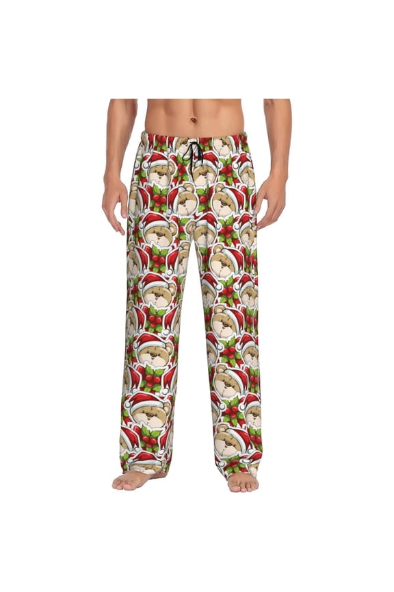 Christmas Hat bear Print Pajama Pants for Men,Men’s Pajama Bottoms,Mens PJ Pants with Pockets & Button Fly-XX-Large