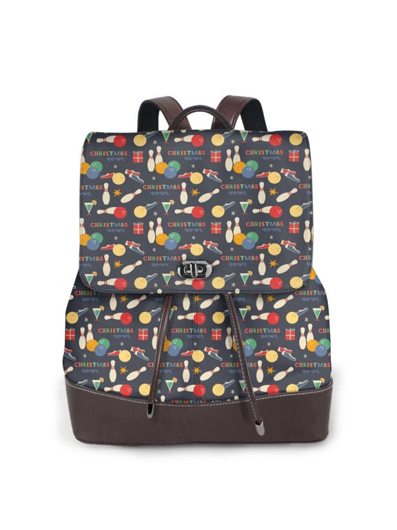 Logiee Christmas Holiday Bowling Print Backpack Purse for Women,Fashion Leather Backpack Purse,Women's Leather Backpack for Work College Travel