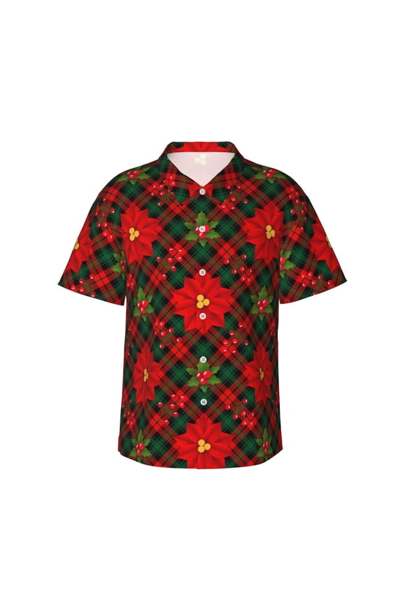 Christmas Plaid Flower Print Mens Hawaiian Shirts,Loose-Fit Short Sleeve Button Down Tropical Aloha Beach Shirt,Summer Vacation Wedding Tops,Large
