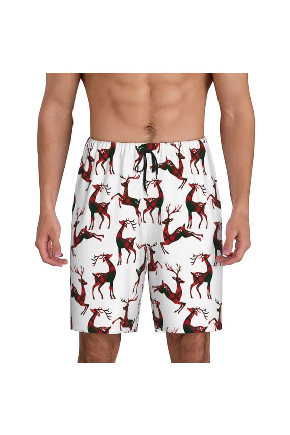 Christmas Plaid Moose Print Men's Pajama Shorts with Drawstring & Pockets,Sleep Shorts for Men,Sleepwear Bottoms,Elastic Waistband Loungewear-Medium
