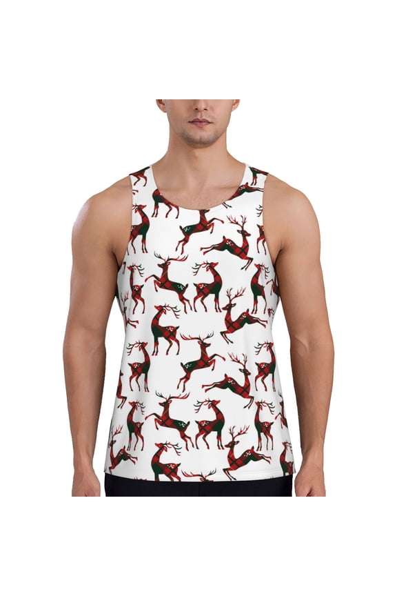 Christmas Plaid Moose Print Men's Workout Tank Top,Quick Dry Workout Tank Top,Gym Muscle Tee,Fitness Bodybuilding Sleeveless T Shirt-X-Large