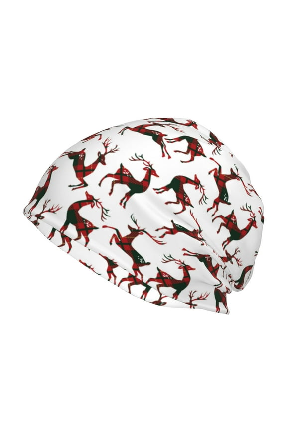 Christmas Plaid Moose Print Unisex Knit Beanie for Men Women Winter Hat,Beanies Skull Caps