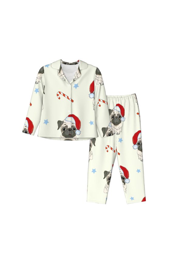 Christmas Pug Dog Print Womens Pajamas Set,Long Sleeve Sleepwear,Button Down Lounge Set 2 Pieces,Soft Nightwear Pjs Set-Large